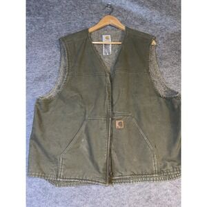 Carhartt Duck Canvas Work Vest 2XL Green Sherpa Lined Rugged Workwear Utility